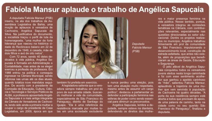 Fabíola Mansur apresenta moção de aplausos para vereadora cachoeirana