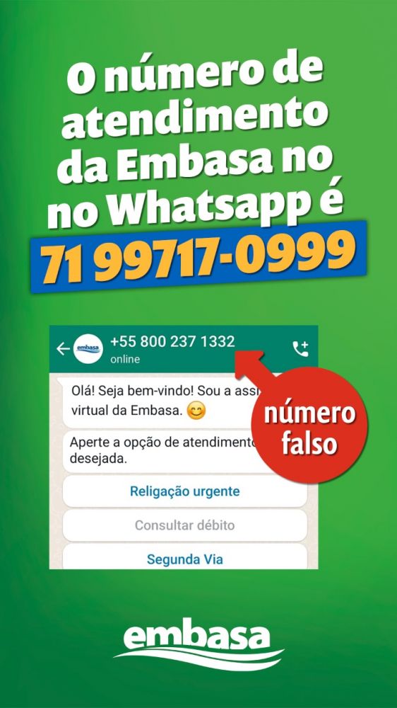Gerente comercial da Embasa alerta para golpes via WhatsApp 