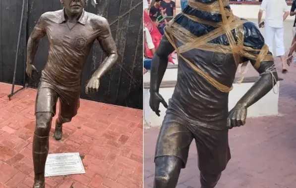 Estátua em homenagem a Daniel Alves é vandalizada em Juazeiro