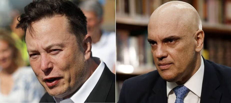 Elon Musk e o ministro do STF Alexandre de Moraes AFP e Cristiano Mariz/Agência O Globo