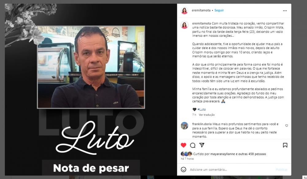 Vereadora Eremita Mota lamenta morte do irmão Crispim Mota 