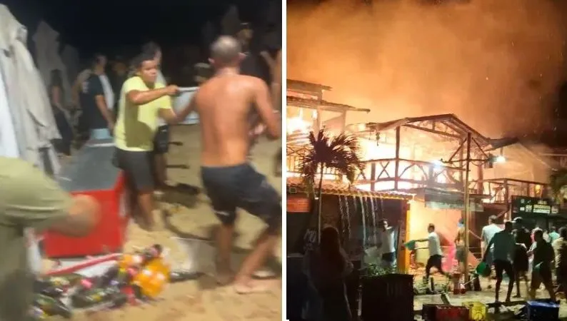 Vídeos mostram populares fazendo corrente humana para pegar água do mar e conter chamas em Morro de São Paulo; ASSISTA