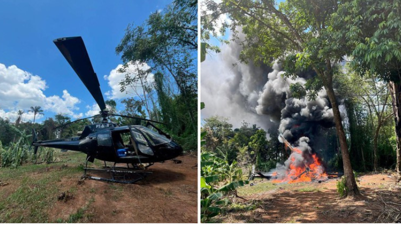 Com uso de explosivos, FAB e PF destroem helicóptero usado ilegalmente