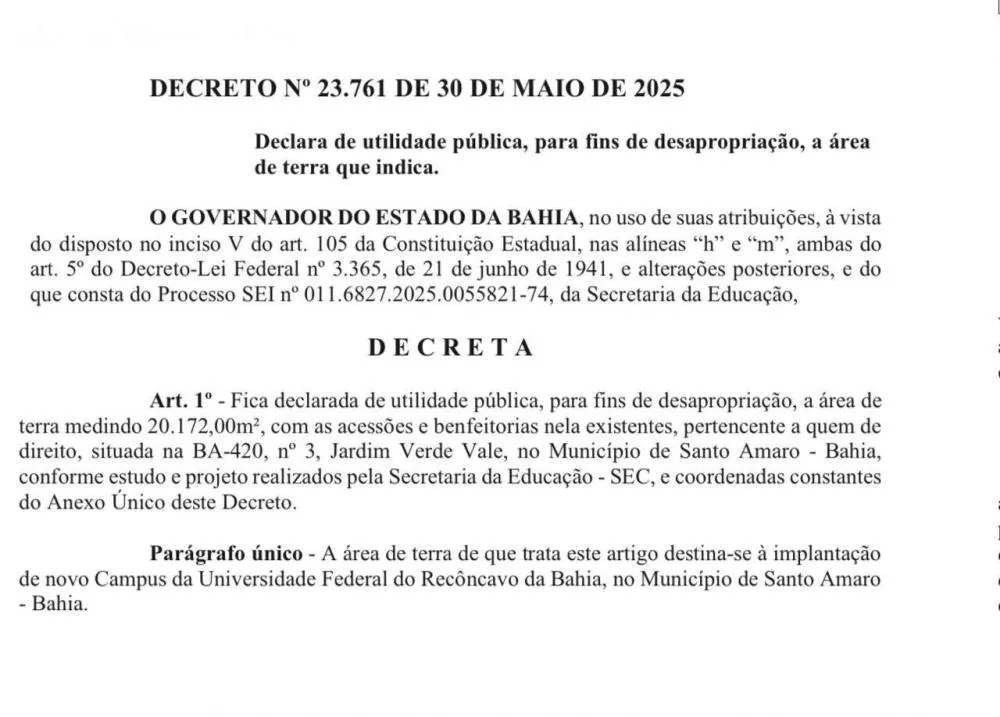 Decreto desapropria terra para instalação do campus da URFB em Santo Amaro 