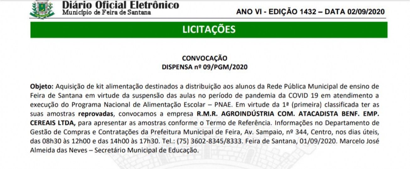 Prefeitura convoca empresa para aquisição de kits de alimentos aos estudantes da Rede Municipal