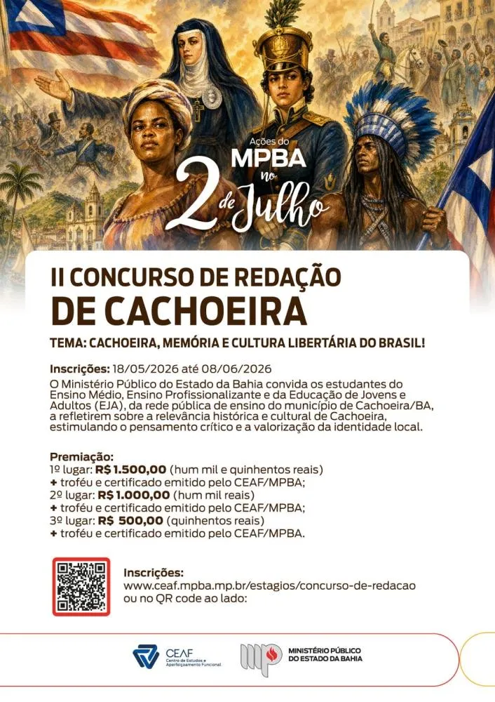 Ministério Público da Bahia lança II Concurso de Redação de Cachoeira com premiação de até R$ 1,5 mil