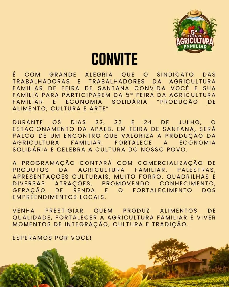 5ª Feira da Agricultura Familiar e Economia Solidária será realizada em Feira de Santana entre os dias 22 e 24 de julho