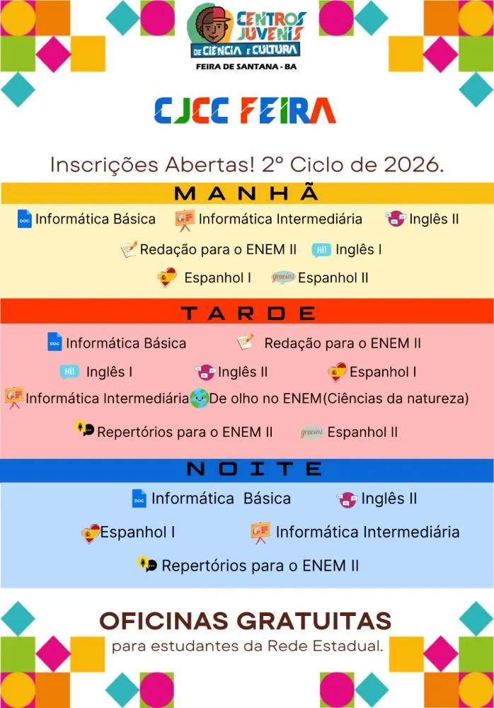 CJCC Feira abre inscrições para 425 vagas em oficinas gratuitas voltadas a estudantes e professores