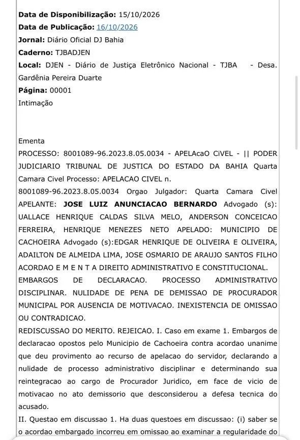 TJ-BA mantém decisão que determinou reintegração de procurador jurídico ao cargo em Cachoeira