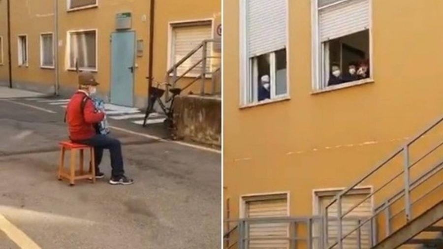 Idoso declara-se à mulher internada e faz serenata de amor pela janela de hospital em Itália