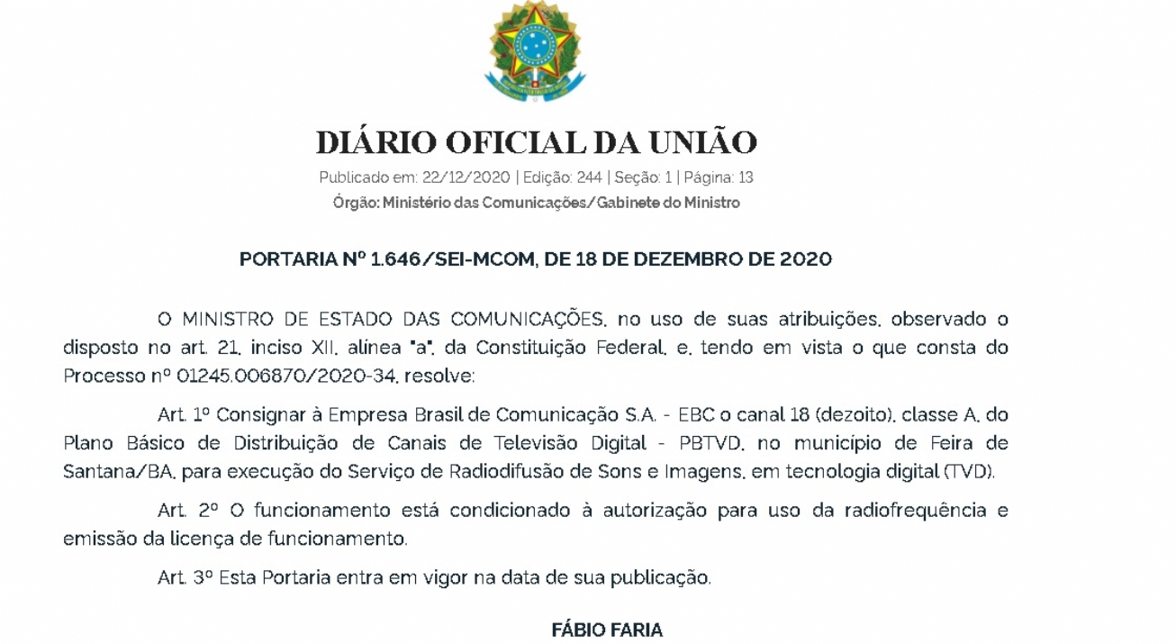Ministério das Comunicações autoriza mais um canal de TV em Feira de Santana