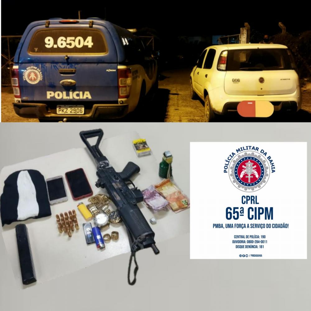 PM apreende submetralhadora e granada em Feira, e conduz homens para delegacia e recupera veículo roubado