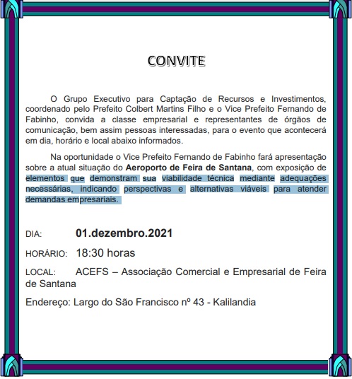 Grupo Executivo para Captação de Recursos e Investimentos fará reunião para discutir Aeroporto de Feira de Santana