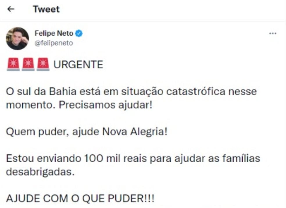Felipe Neto anuncia doação de R$ 100 mil para cidades baianas atingidas pela chuva; Whindersson comenta assunto nas redes sociais