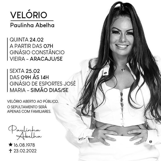 Paulinha Abelha terá dois velórios abertos ao público em Sergipe